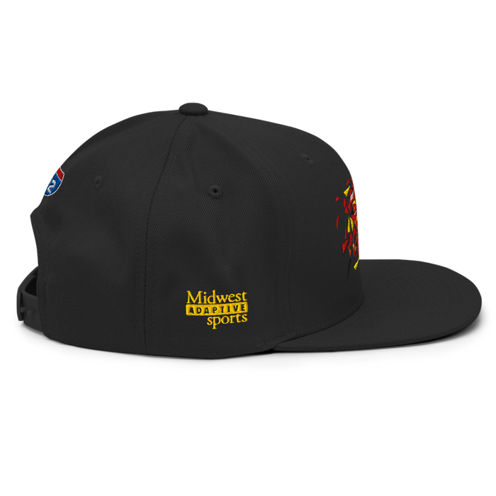 Right side angle of the MAS Kansas City Kings Wheelchair Basketball Lion Black Flat Bill Snapback against a white background