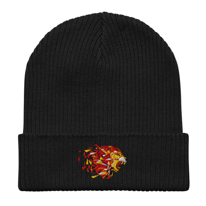 Front angle of the MAS Kansas City Kings Wheelchair Basketball Lion Black Organic Beanie laid flat against a white background