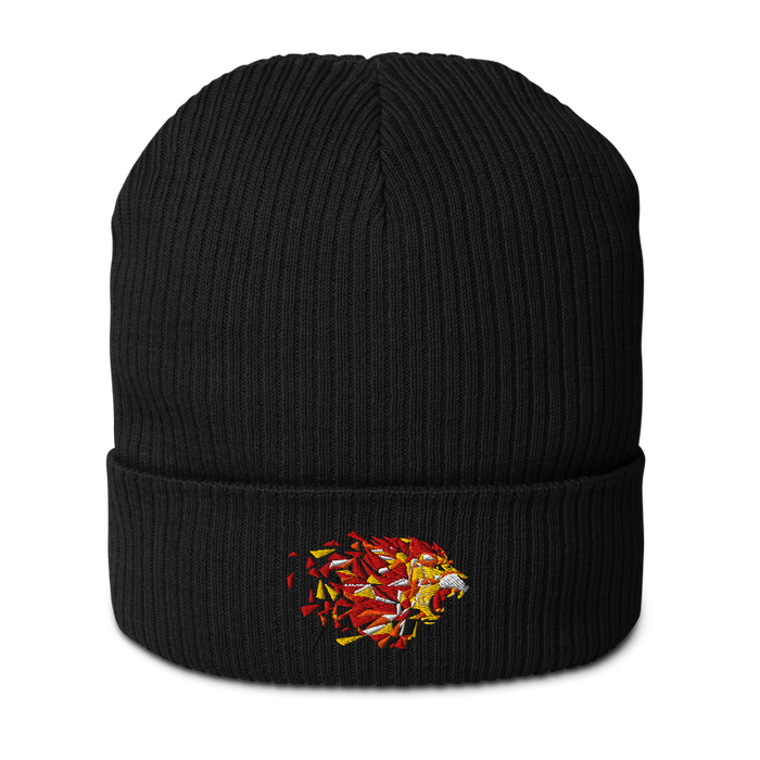 Front angle of the MAS Kansas City Kings Wheelchair Basketball Lion Black Organic Beanie against a white background