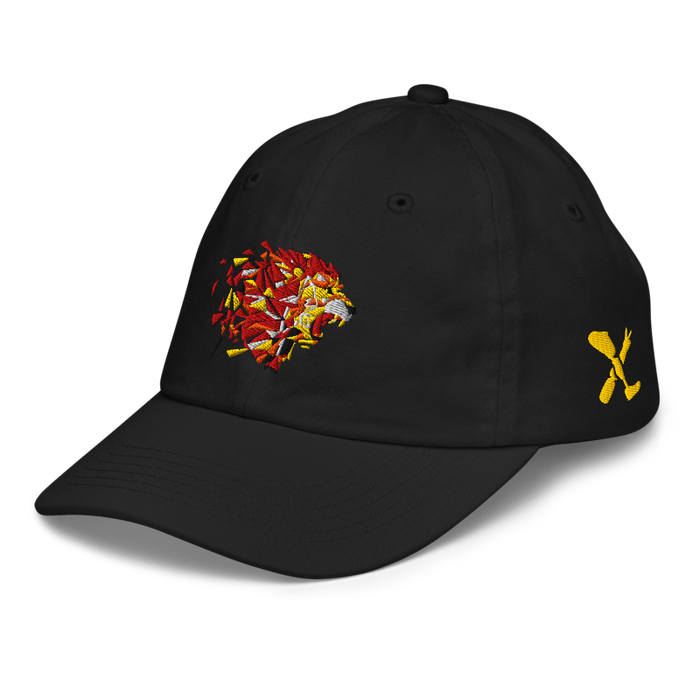 Front left angle of the MAS Kansas City Kings Wheelchair Basketball Lion Black Youth Dad Hat against a white background