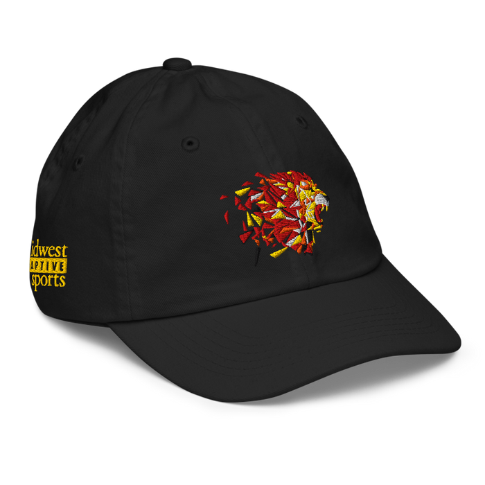 Front right angle of the MAS Kansas City Kings Wheelchair Basketball Lion Black Youth Dad Hat against a white background