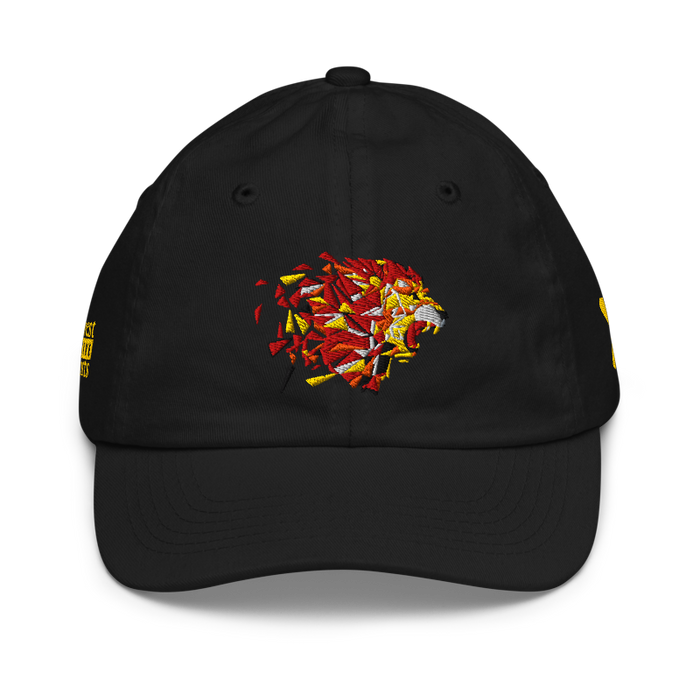 Front angle of the MAS Kansas City Kings Wheelchair Basketball Lion Black Youth Dad Hat against a white background