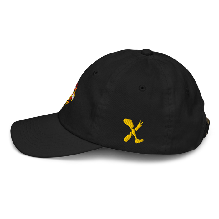 Left side angle of the MAS Kansas City Kings Wheelchair Basketball Lion Black Youth Dad Hat against a white background