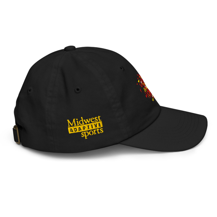 Right side angle of the MAS Kansas City Kings Wheelchair Basketball Lion Black Youth Dad Hat against a white background