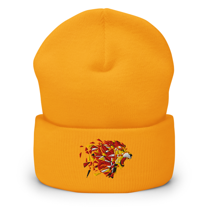 Front angle of the MAS Kansas City Kings Wheelchair Basketball Lion Gold Beanie against a white background