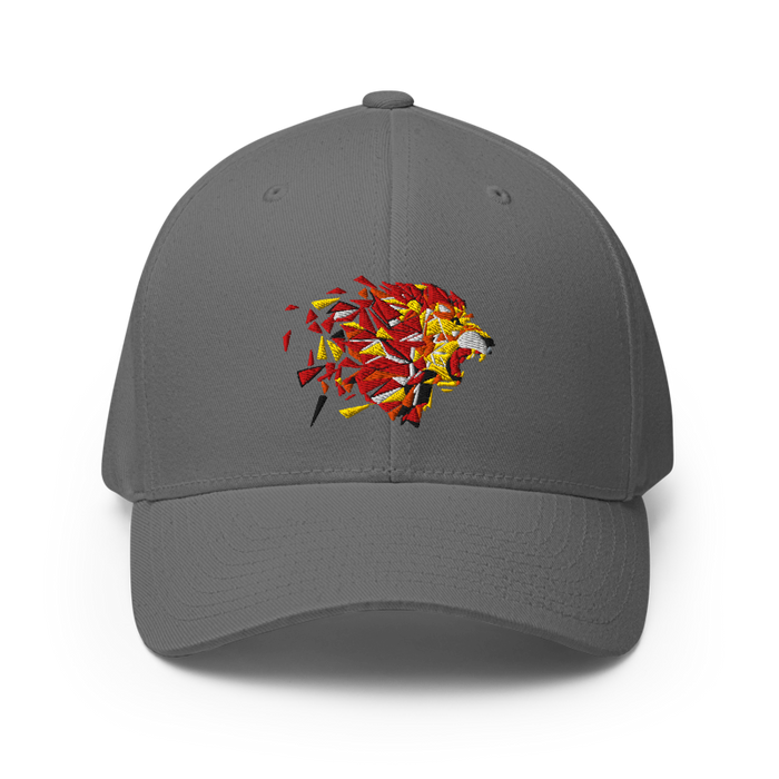 Front angle of the MAS Kansas City Kings Wheelchair Basketball Lion Grey Flexfit Curved Bill Fitted against a white background