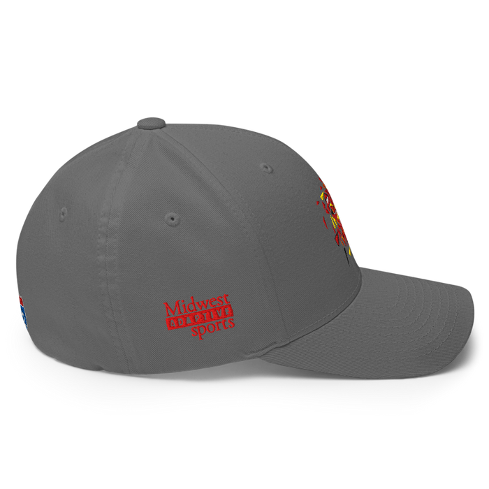 Right side angle of the MAS Kansas City Kings Wheelchair Basketball Lion Grey Flexfit Curved Bill Fitted against a white background