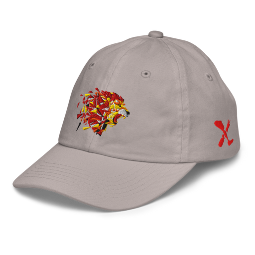 Front left angle of the MAS Kansas City Kings Wheelchair Basketball Lion Grey Youth Dad Hat against a white background