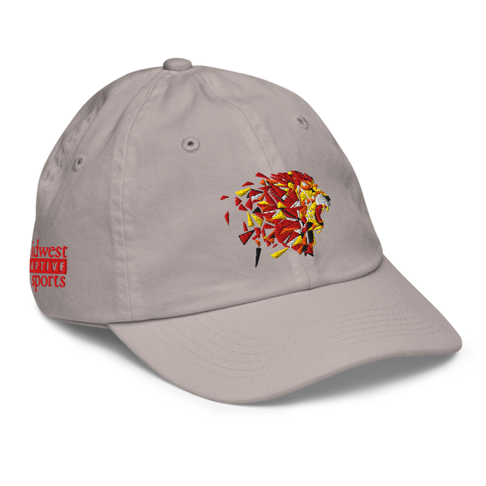 Front right angle of the MAS Kansas City Kings Wheelchair Basketball Lion Grey Youth Dad Hat against a white background