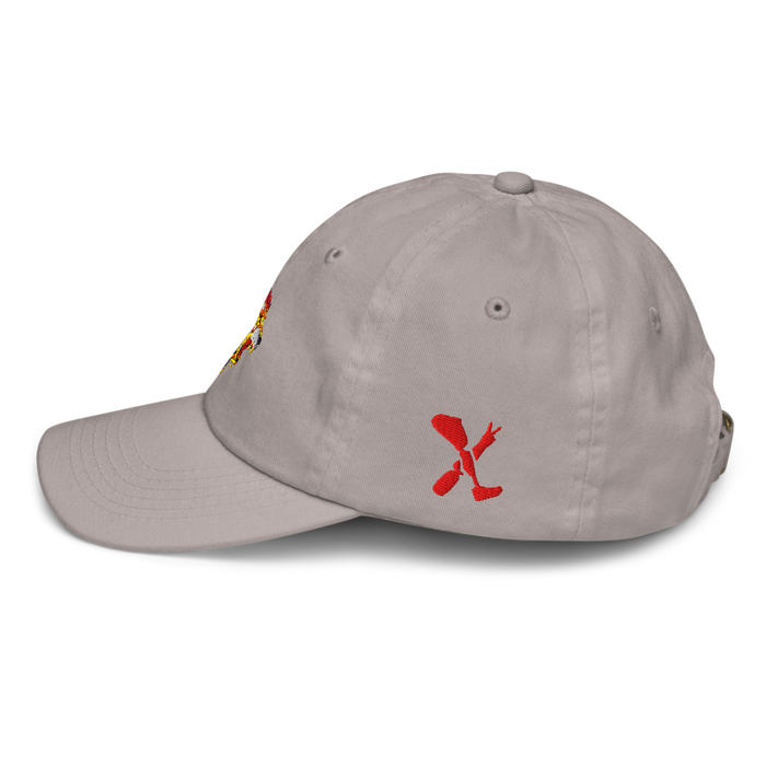 Left side angle of the MAS Kansas City Kings Wheelchair Basketball Lion Grey Youth Dad Hat against a white background
