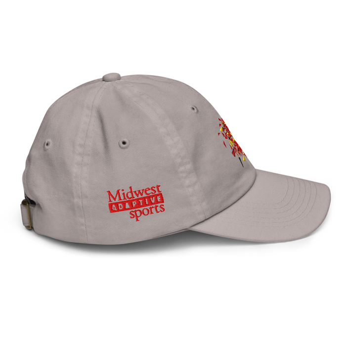 Right side angle of the MAS Kansas City Kings Wheelchair Basketball Lion Grey Youth Dad Hat against a white background