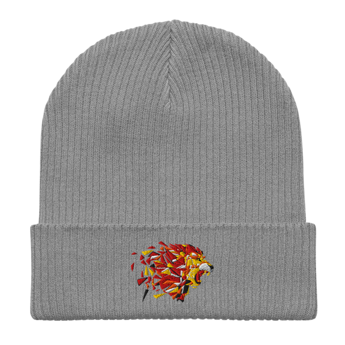 Front angle of the MAS Kansas City Kings Wheelchair Basketball Lion Light Grey Organic Beanie laid flat against a white background