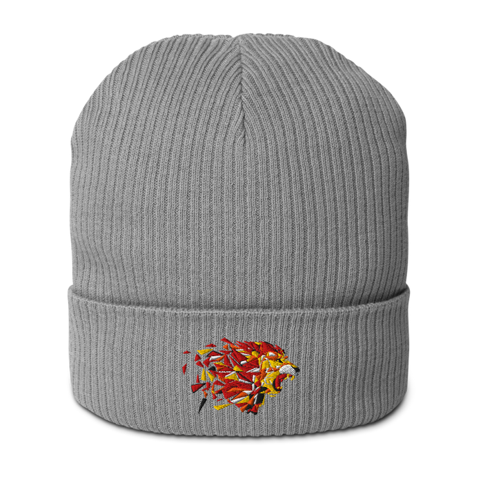 Front angle of the MAS Kansas City Kings Wheelchair Basketball Lion Light Grey Organic Beanie against a white background