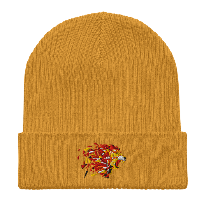 Front angle of the MAS Kansas City Kings Wheelchair Basketball Lion Mustard Yellow Organic Beanie laid flat against a white background