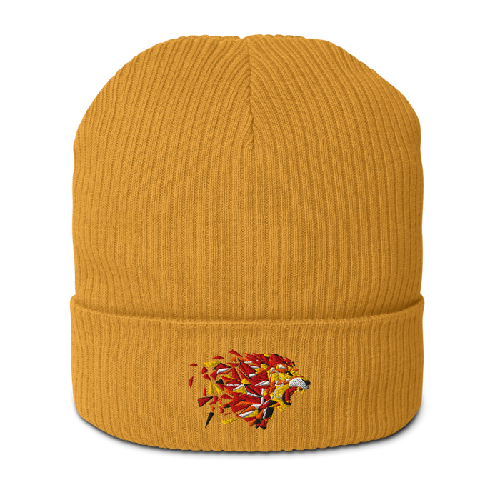 Front angle of the MAS Kansas City Kings Wheelchair Basketball Lion Mustard Yellow Organic Beanie against a white background