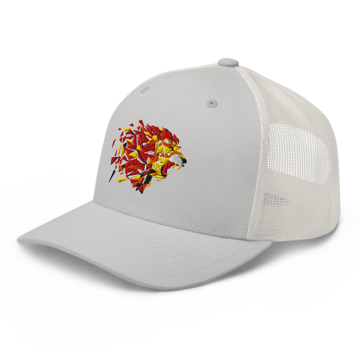 Front left angle of the MAS Kansas City Kings Wheelchair Basketball Lion Silver Curved Bill Trucker Snapback against a white background