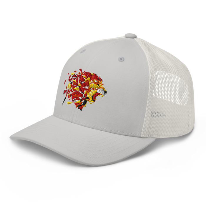 Front left angle of the MAS Kansas City Kings Wheelchair Basketball Lion Silver Curved Bill Trucker Snapback against a white background