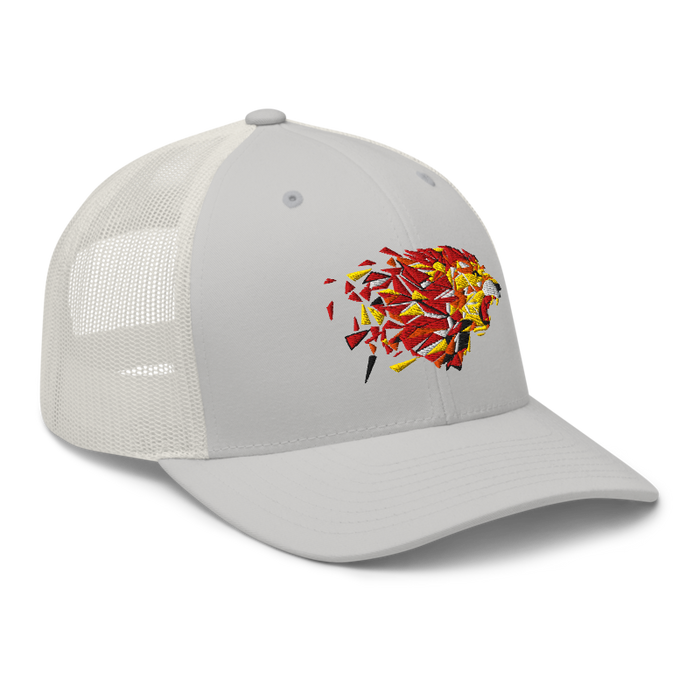Front right angle of the MAS Kansas City Kings Wheelchair Basketball Lion Silver Curved Bill Trucker Snapback against a white background