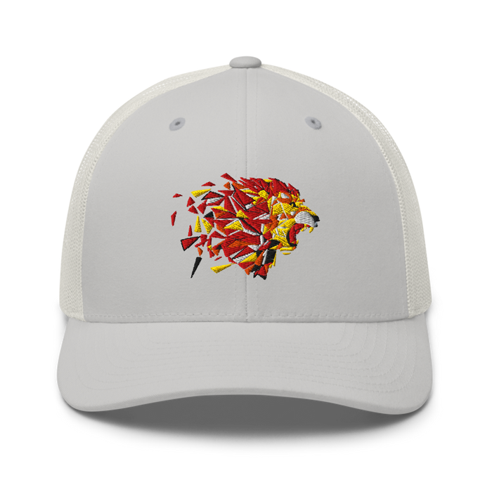 Front angle of the MAS Kansas City Kings Wheelchair Basketball Lion Silver Curved Bill Trucker Snapback against a white background
