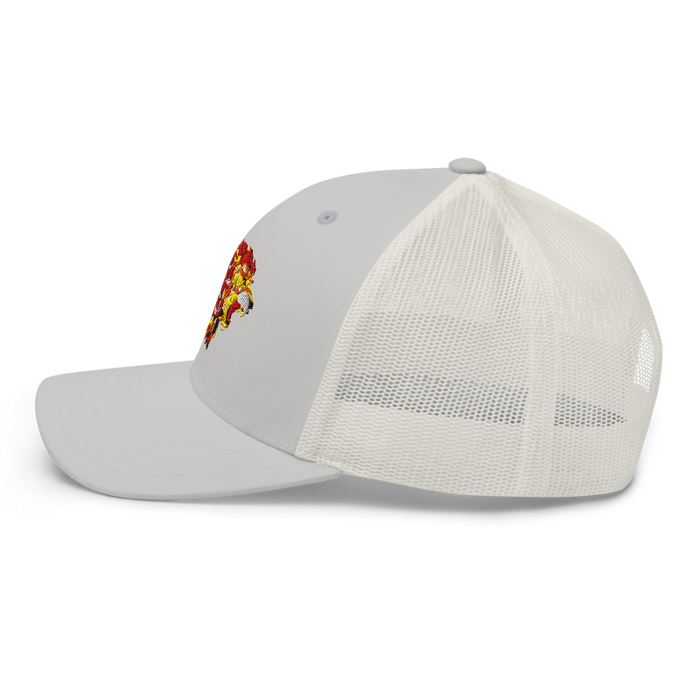 Left side angle of the MAS Kansas City Kings Wheelchair Basketball Lion Silver Curved Bill Trucker Snapback against a white background