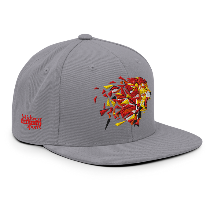 Front right angle of the MAS Kansas City Kings Wheelchair Basketball Lion Silver Flat Bill Snapback against a white background