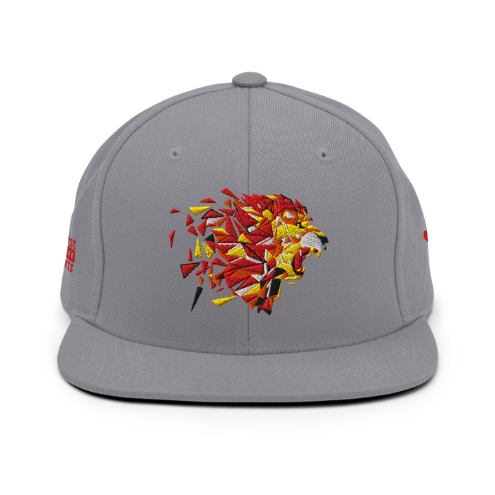 Front angle of the MAS Kansas City Kings Wheelchair Basketball Lion Silver Flat Bill Snapback against a white background