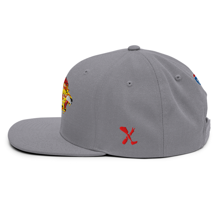 Left side angle of the MAS Kansas City Kings Wheelchair Basketball Lion Silver Flat Bill Snapback against a white background