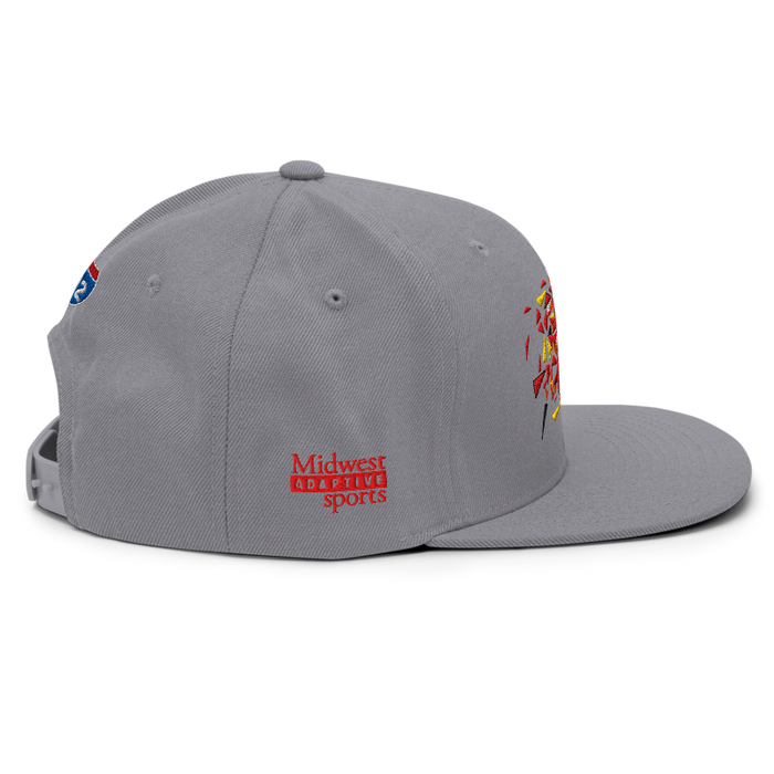 Right side angle of the MAS Kansas City Kings Wheelchair Basketball Lion Silver Flat Bill Snapback against a white background