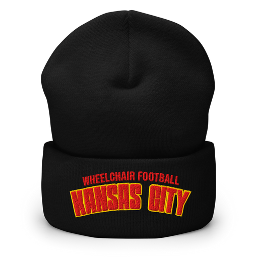 Front angle of the MAS Kansas City Wheelchair Football Arch Black Beanie against a white background