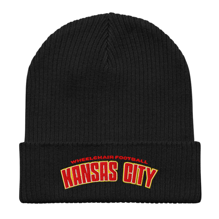 Front angle of the MAS Kansas City Wheelchair Football Arch Black Organic Beanie laid flat against a white background