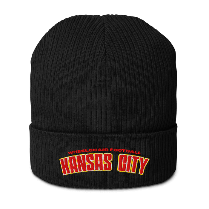 Front angle of the MAS Kansas City Wheelchair Football Arch Black Organic Beanie against a white background