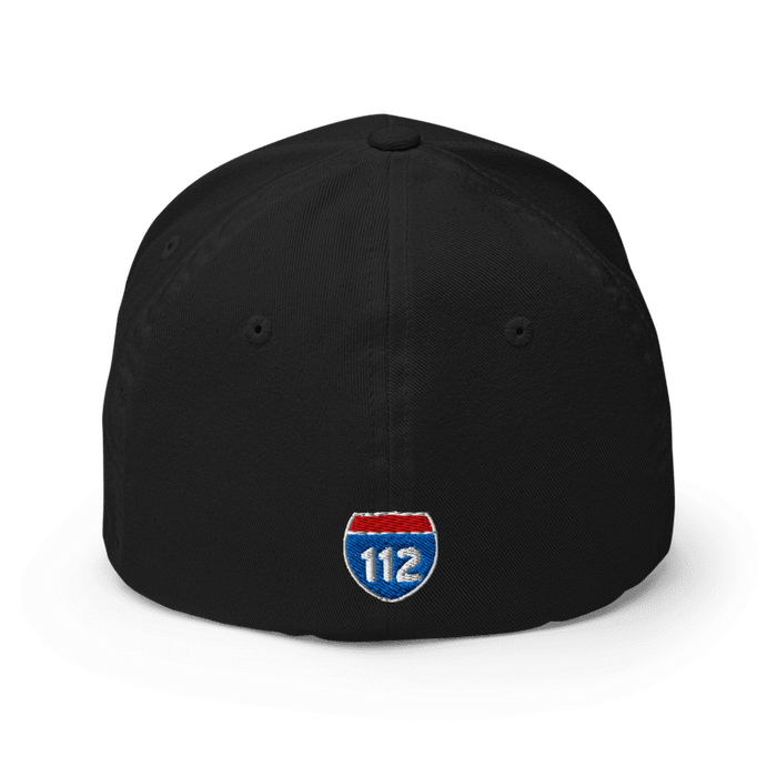 Back angle of the MAS Kansas City Wheelchair Football Arch Black Flexfit Curved Bill Fitted against a white background