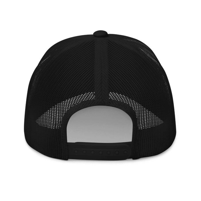 Back angle of the MAS Kansas City Wheelchair Football Arch Black Curved Bill Trucker Snapback against a white background
