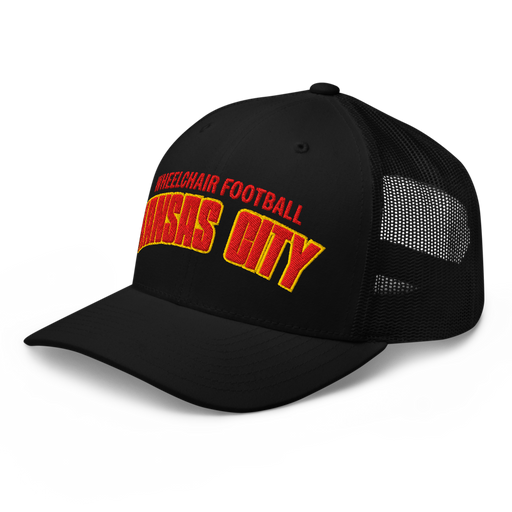 Front left angle of the MAS Kansas City Wheelchair Football Arch Black Curved Bill Trucker Snapback against a white background