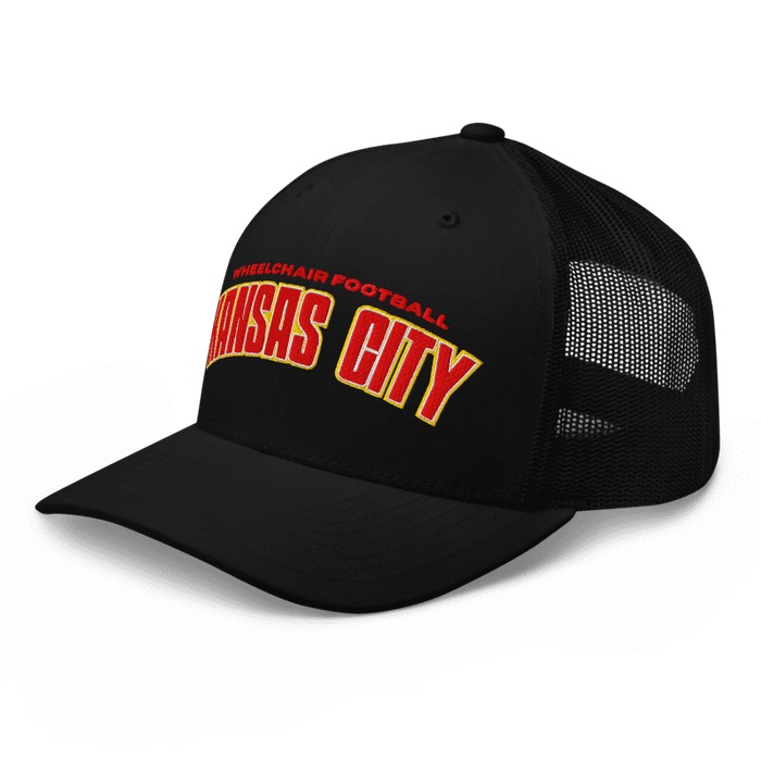 Front left angle of the MAS Kansas City Wheelchair Football Arch Black Curved Bill Trucker Snapback against a white background