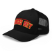 Front left angle of the MAS Kansas City Wheelchair Football Arch Black Curved Bill Trucker Snapback against a white background