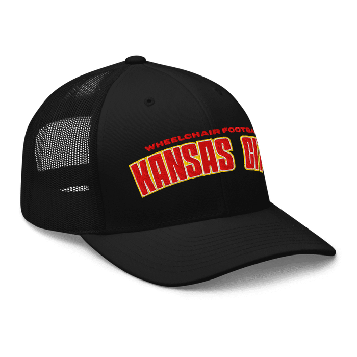 Front right angle of the MAS Kansas City Wheelchair Football Arch Black Curved Bill Trucker Snapback against a white background