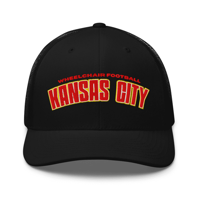 Front angle of the MAS Kansas City Wheelchair Football Arch Black Curved Bill Trucker Snapback against a white background
