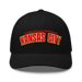 Front angle of the MAS Kansas City Wheelchair Football Arch Black Curved Bill Trucker Snapback against a white background