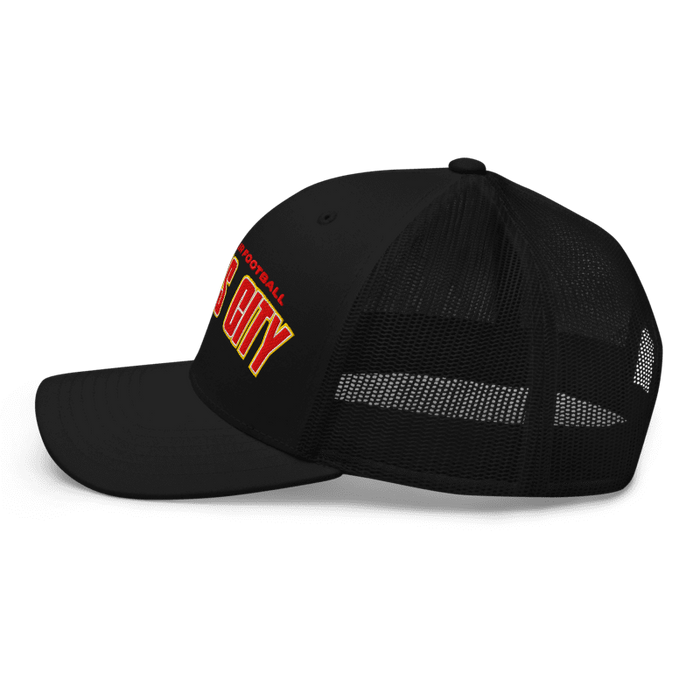 Left side angle of the MAS Kansas City Wheelchair Football Arch Black Curved Bill Trucker Snapback against a white background