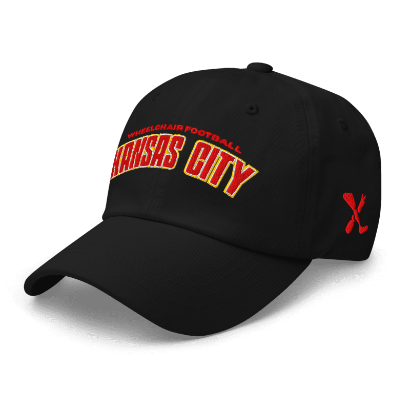 Front left angle of the MAS Kansas City Wheelchair Football Arch Black Dad Hat against a white background