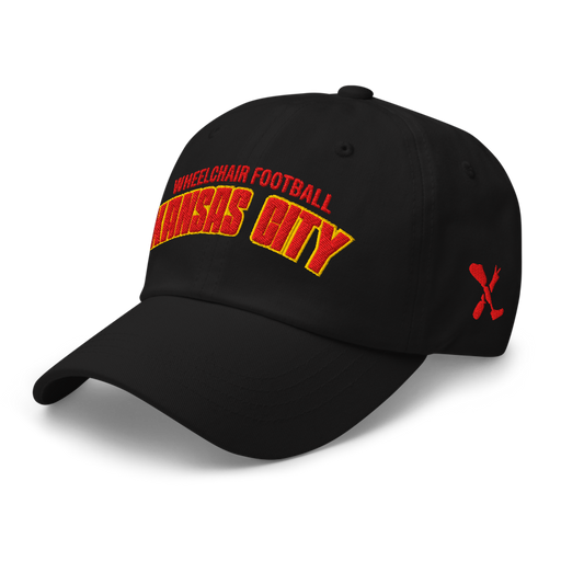 Front left angle of the MAS Kansas City Wheelchair Football Arch Black Dad Hat against a white background