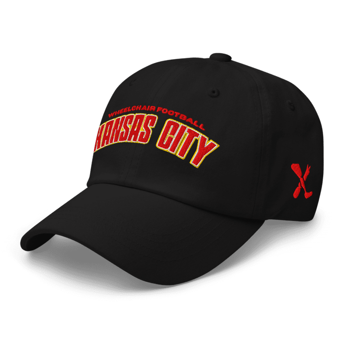 Front left angle of the MAS Kansas City Wheelchair Football Arch Black Dad Hat against a white background