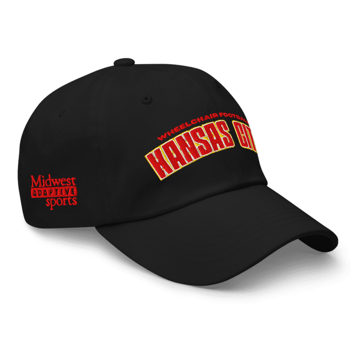 Front right angle of the MAS Kansas City Wheelchair Football Arch Black Dad Hat against a white background