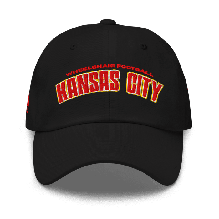 Front angle of the MAS Kansas City Wheelchair Football Arch Black Dad Hat against a white background