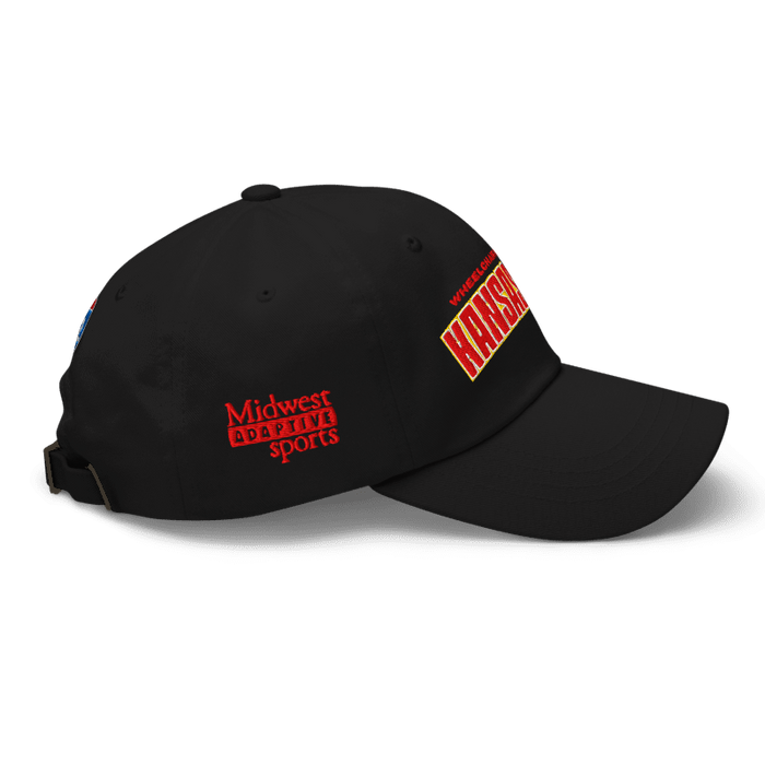 Right side angle of the MAS Kansas City Wheelchair Football Arch Black Dad Hat against a white background