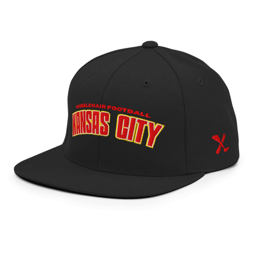 Front left angle of the MAS Kansas City Wheelchair Football Arch Black Flat Bill Snapback against a white background