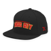 Front left angle of the MAS Kansas City Wheelchair Football Arch Black Flat Bill Snapback against a white background