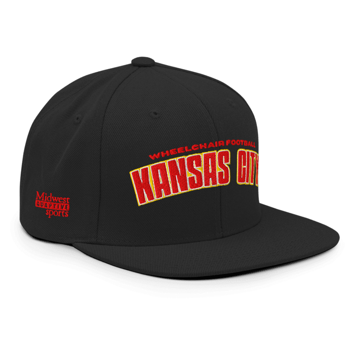 Front right angle of the MAS Kansas City Wheelchair Football Arch Black Flat Bill Snapback against a white background