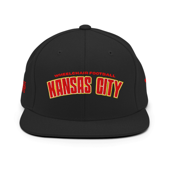 Front angle of the MAS Kansas City Wheelchair Football Arch Black Flat Bill Snapback against a white background
